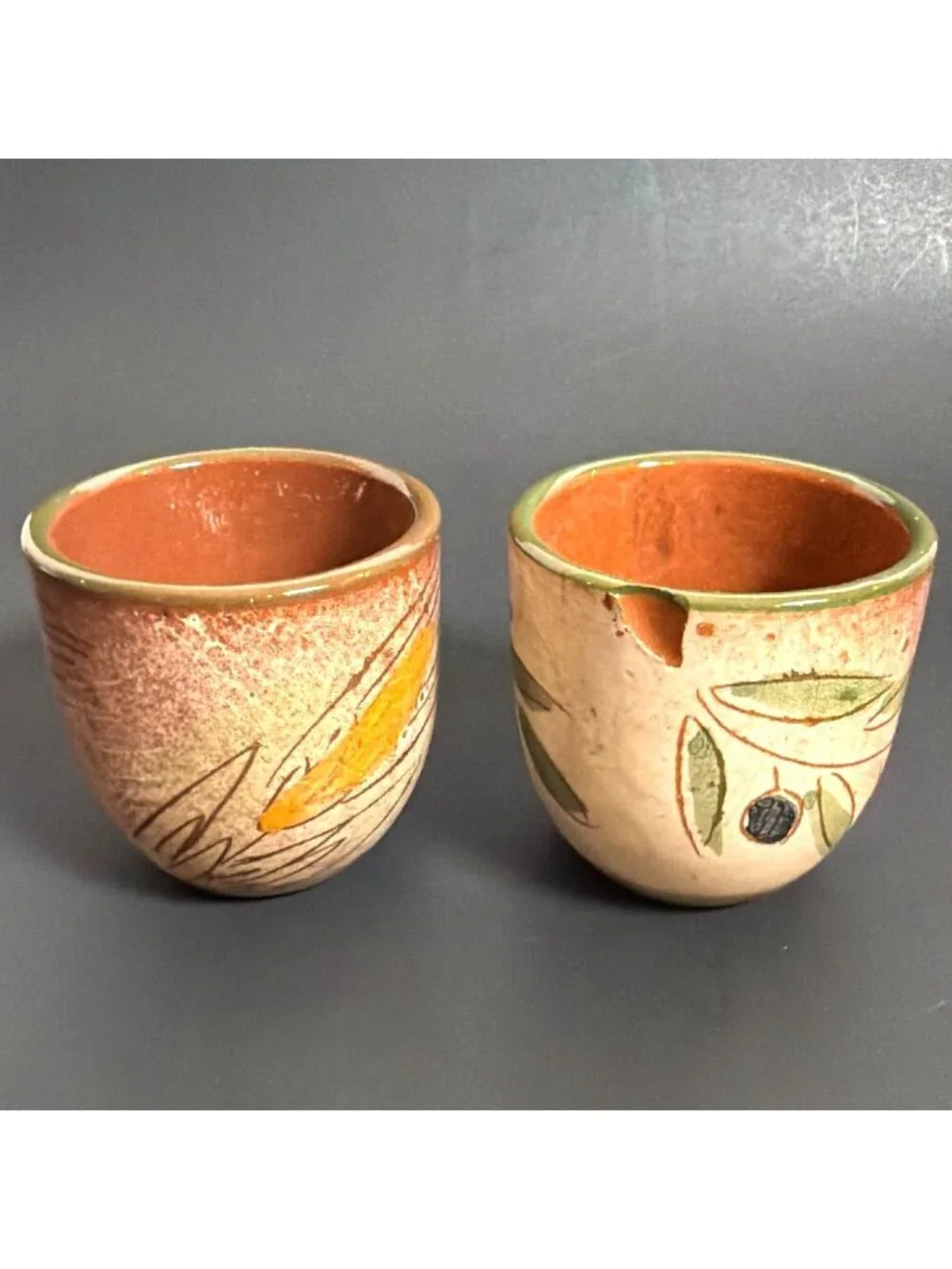 Vintage Hand Painted Signed Greek Art Pottery Candlestick Holder 2 Drinking Cups